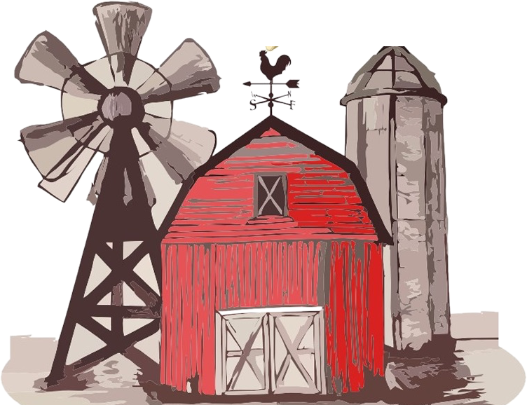 Illustration of a red barn with a windmill, silo and rooster weathervane