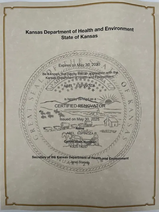 Kansas Department of Health and Environment certificate